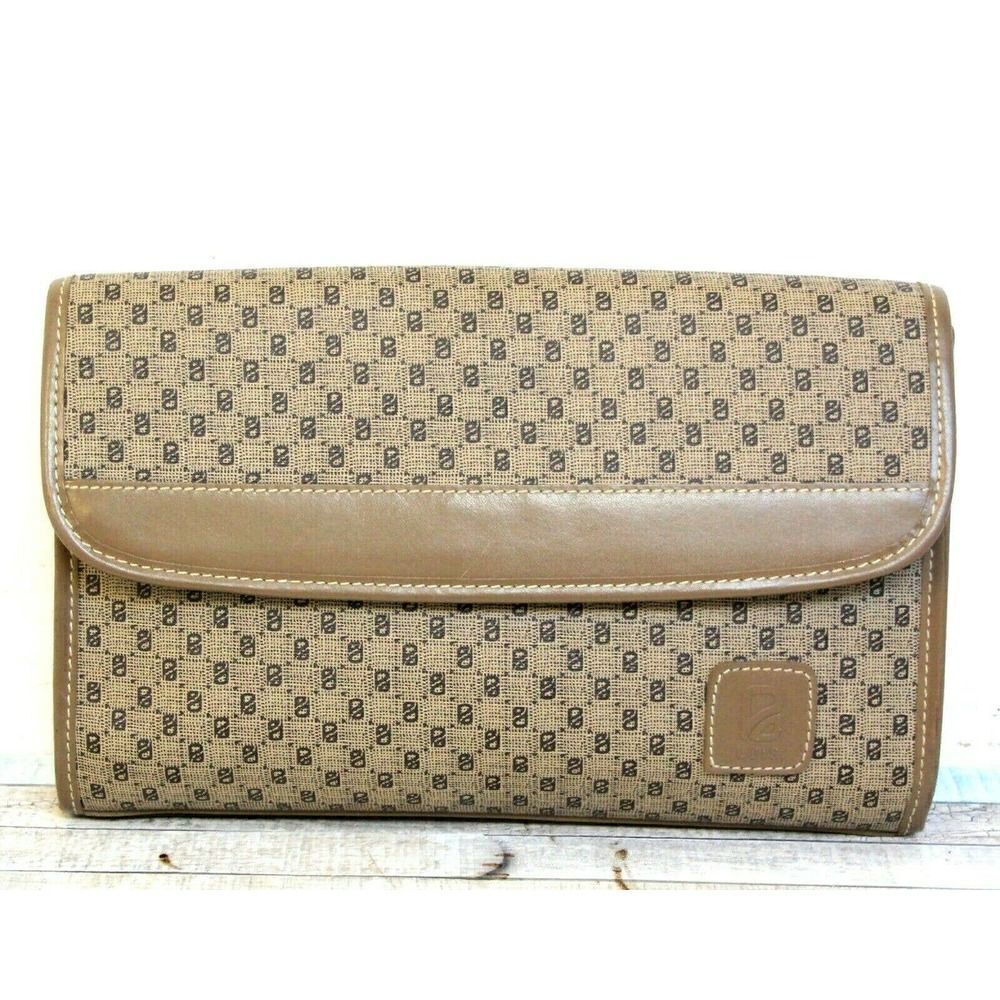 VINTAGE LUIS BEIGE BROWN LOGO PVC GENUINE LEATHER CLUTCH PURSE WALLET ENVELOPE